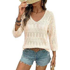 Womens Spring Tops Crochet 3/4 Length Sleeve Pullover Sweater Oversized Summer S